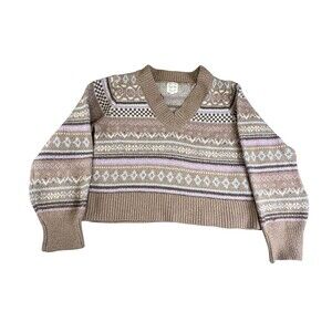 Hippie Rose Sweater Womens Large Brown Fair Isle V Neck Cropped Soft Knit